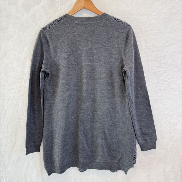 Lela Rose Sweater Merino Wool Blue Gray Floral Knit Lace V-Neck Crochet M - Picture 2 of 6